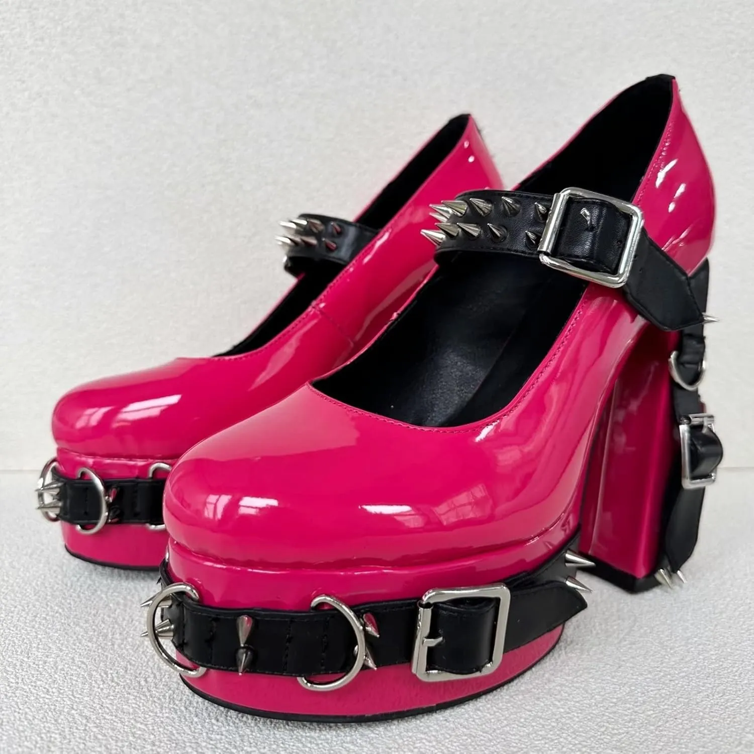 Frankie Hsu Women's Gothic Large Size Black Patent Leather Buckle Belt Ring Rivet Shinny Sexy Platform Chunky High Heels Ankle Strap Heeled Bootie Shoes