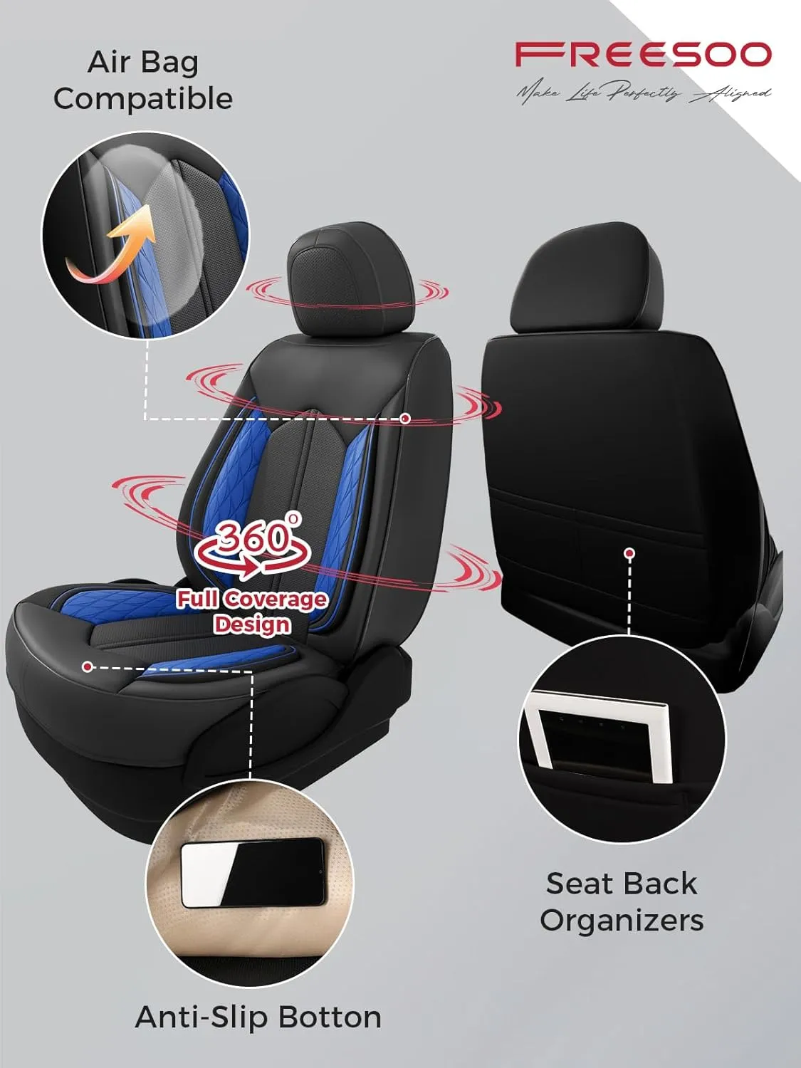 FREESOO Car Seat Covers Only Front 2pc, Breathable Faux Leather Seat Covers for Cars, Automotive Universal Seat Cover Protector Fit for Most Sedan SUV Pick-up Truck(BlackBlue)