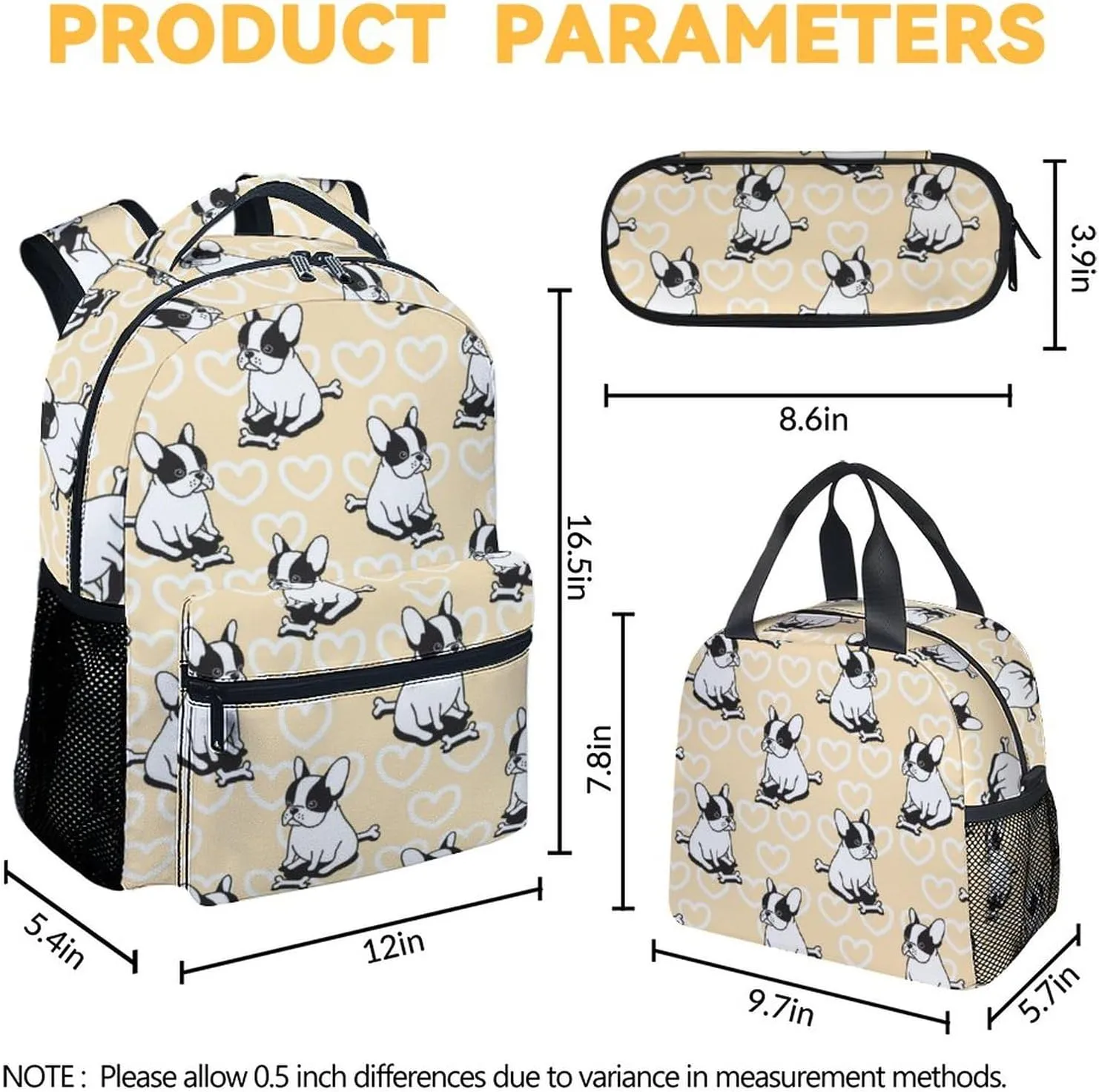 French Bulldog Backpack with Lunch Box and Pencil Case for Girls Boys, 16 Inch School Bookbag with Adjustable Straps, Travel Bag Durable, Lightweight, Large Capacity