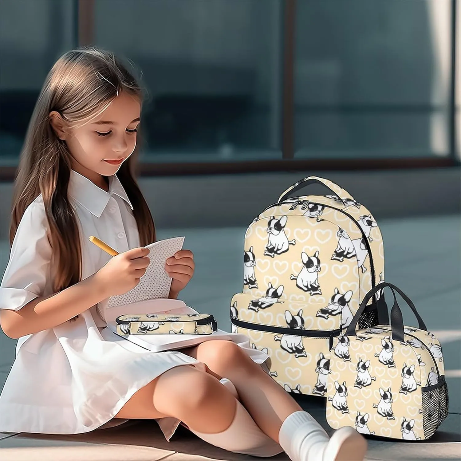 French Bulldog Backpack with Lunch Box and Pencil Case for Girls Boys, 16 Inch School Bookbag with Adjustable Straps, Travel Bag Durable, Lightweight, Large Capacity