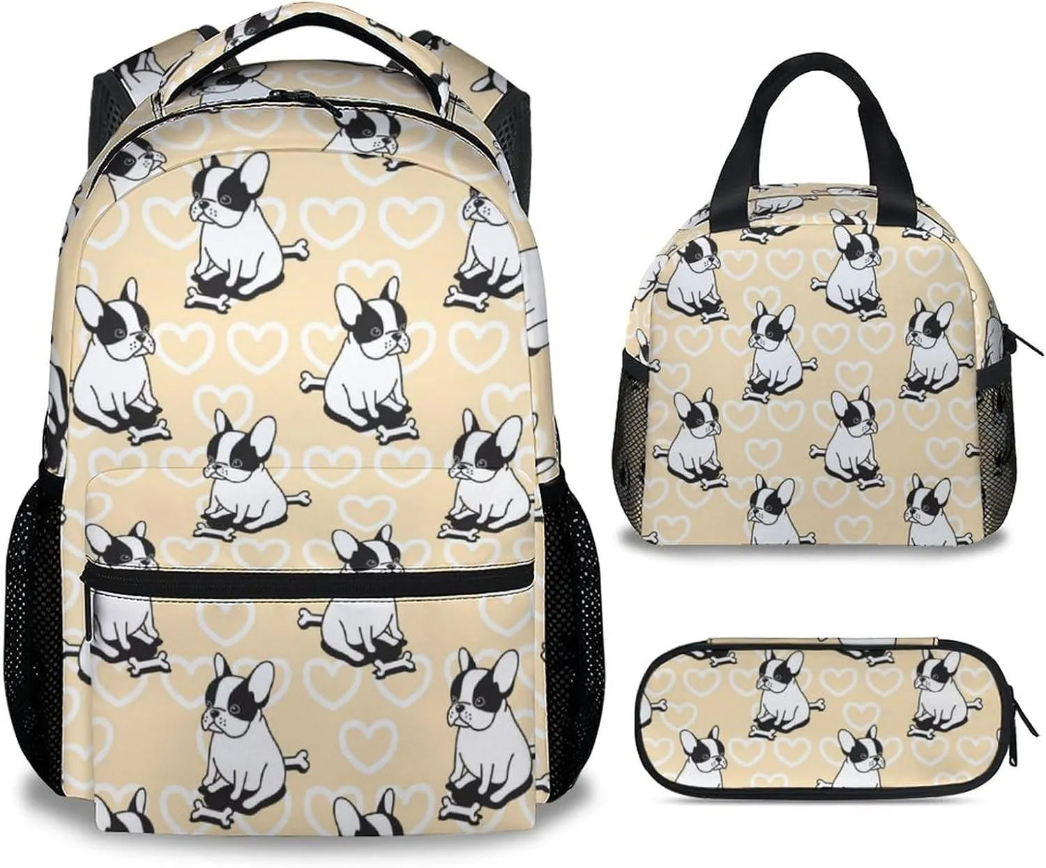 French Bulldog Backpack with Lunch Box and Pencil Case for Girls Boys, 16 Inch School Bookbag with Adjustable Straps, Travel Bag Durable, Lightweight, Large Capacity