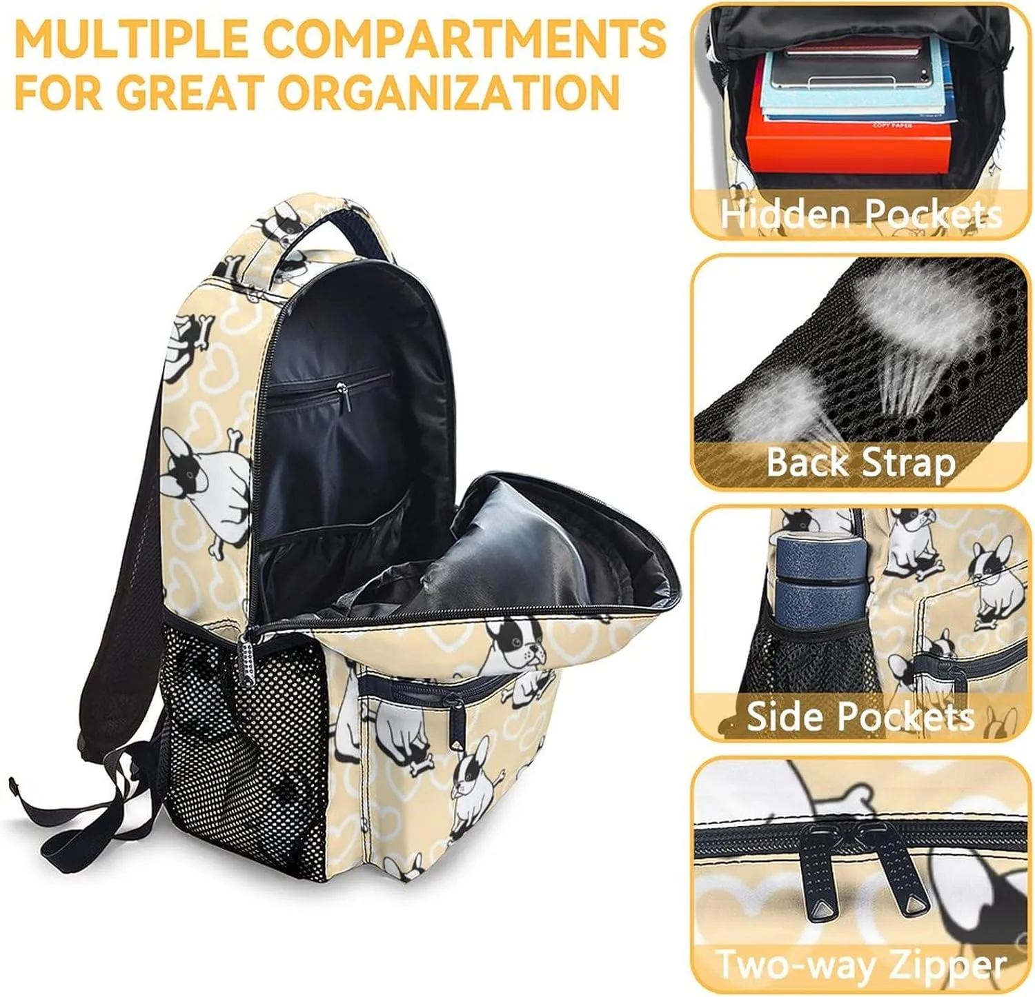 French Bulldog Backpack with Lunch Box and Pencil Case for Girls Boys, 16 Inch School Bookbag with Adjustable Straps, Travel Bag Durable, Lightweight, Large Capacity