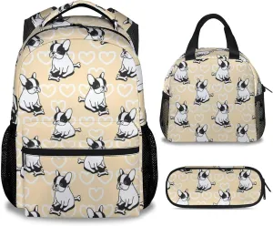 French Bulldog Backpack with Lunch Box and Pencil Case for Girls Boys, 16 Inch School Bookbag with Adjustable Straps, Travel Bag Durable, Lightweight, Large Capacity