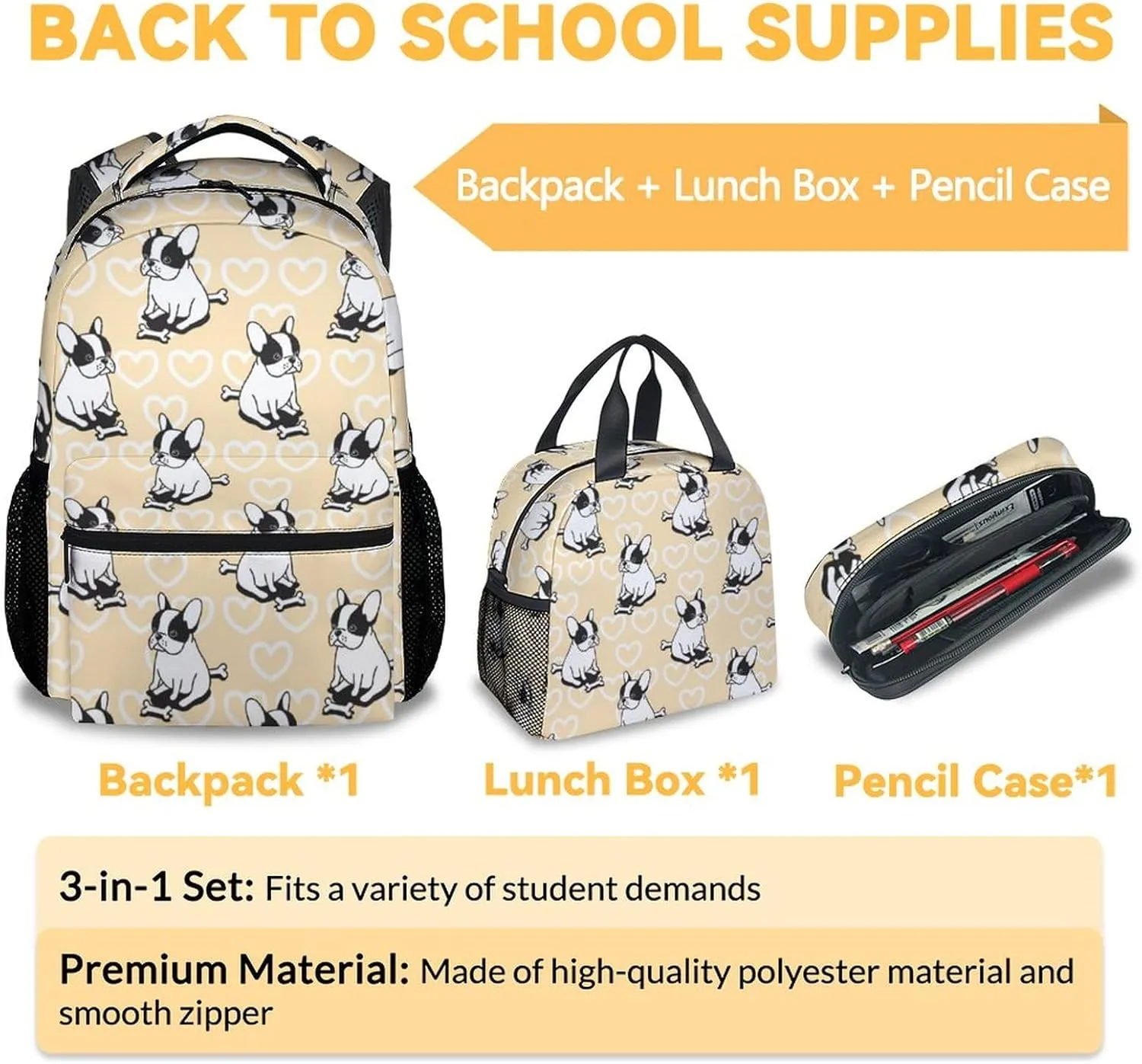French Bulldog Backpack with Lunch Box and Pencil Case for Girls Boys, 16 Inch School Bookbag with Adjustable Straps, Travel Bag Durable, Lightweight, Large Capacity