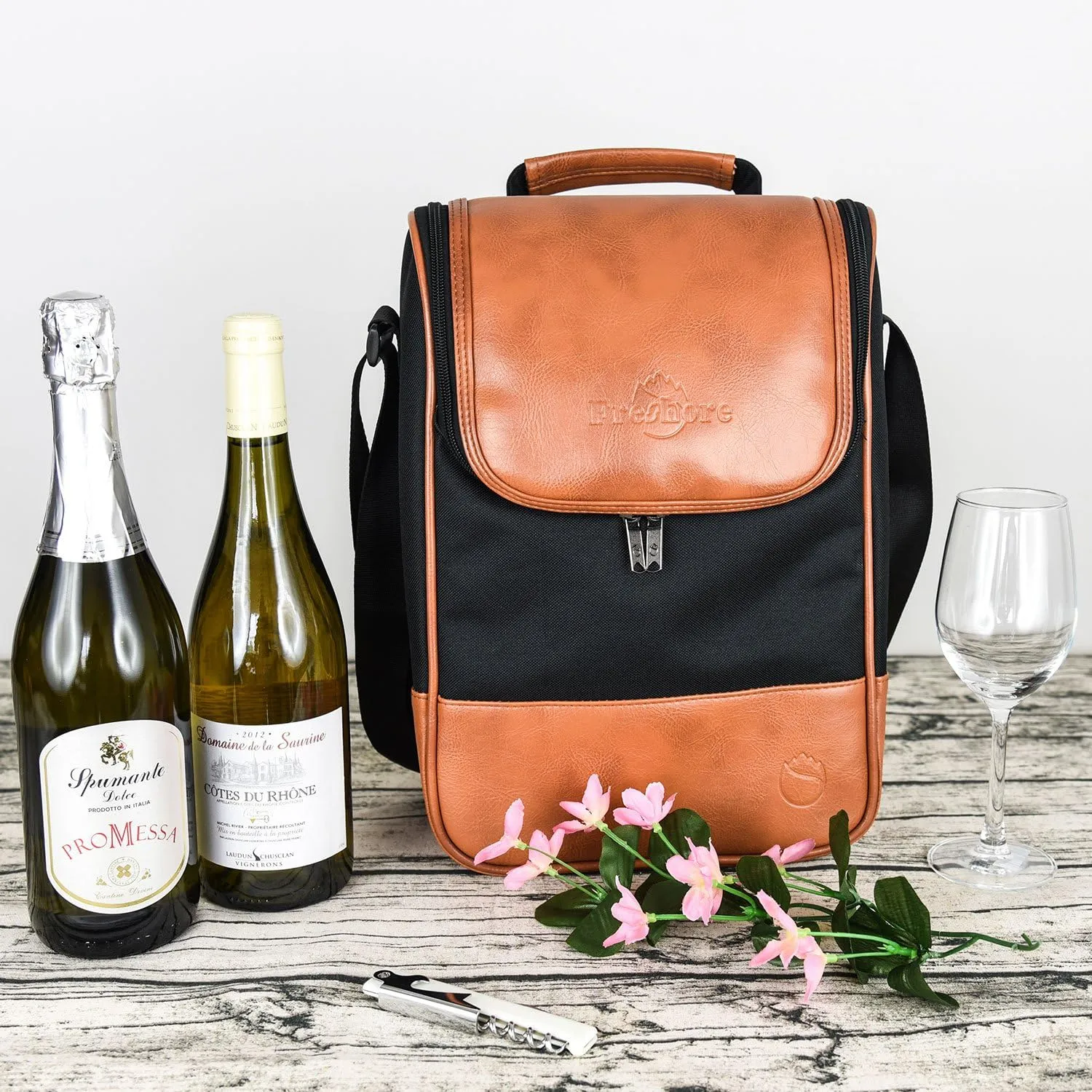 Freshore® Wine Leather Tote Cooler Insulated Bag - Luxury 2 Bottle Carrier Design For Lunch/Travel - Idea Gift For Women/Man