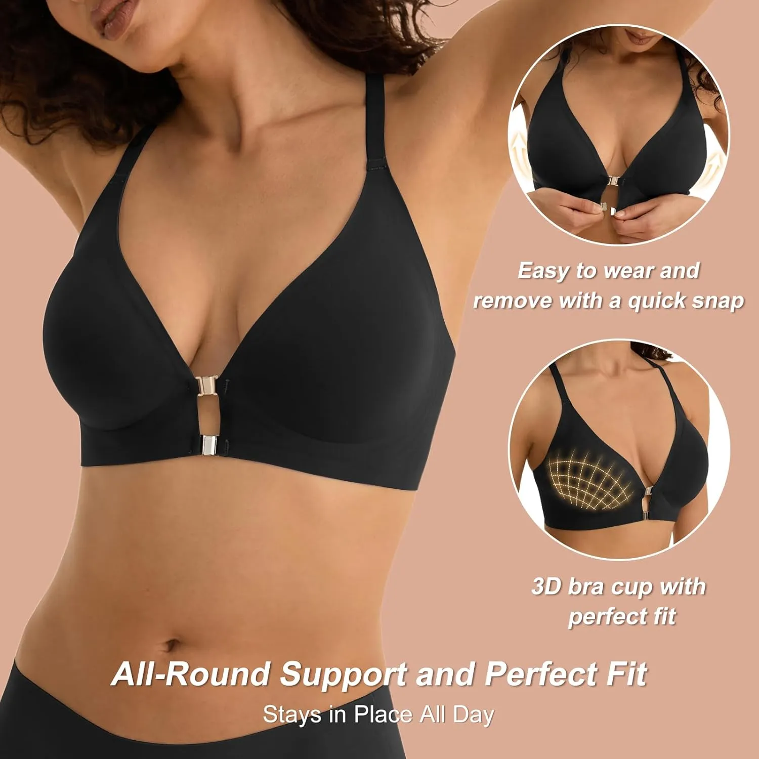 Front Closure Bras for Women with Metal Magnetic Snap, S-XL, Seamless and Wireless Racerback Bra, Comfortable Bralette