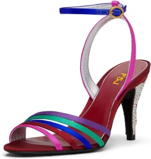 FSJ Women Strappy High Heels with Crystals Sexy Open Toe Heeled Sandals Thin Ankle Buckle Strap Party Event Shoes Size 4-16 US