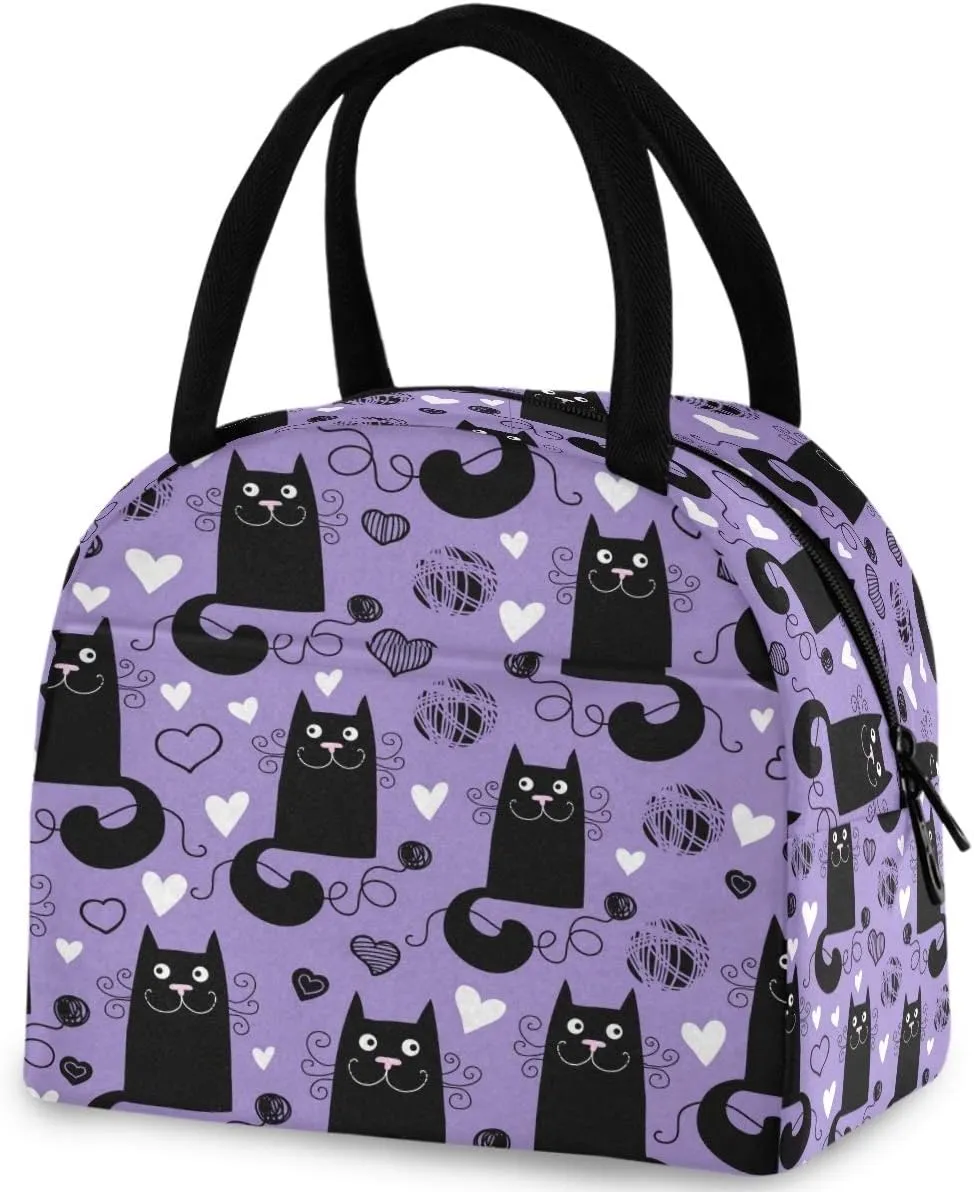 Funny Black Cats Hearts Reusable Lunch Tote Bag with Front Pocket Zipper Closure Insulated Thermal Cooler Container Bag for Man Women Work Picnic Travel Beach Fishing