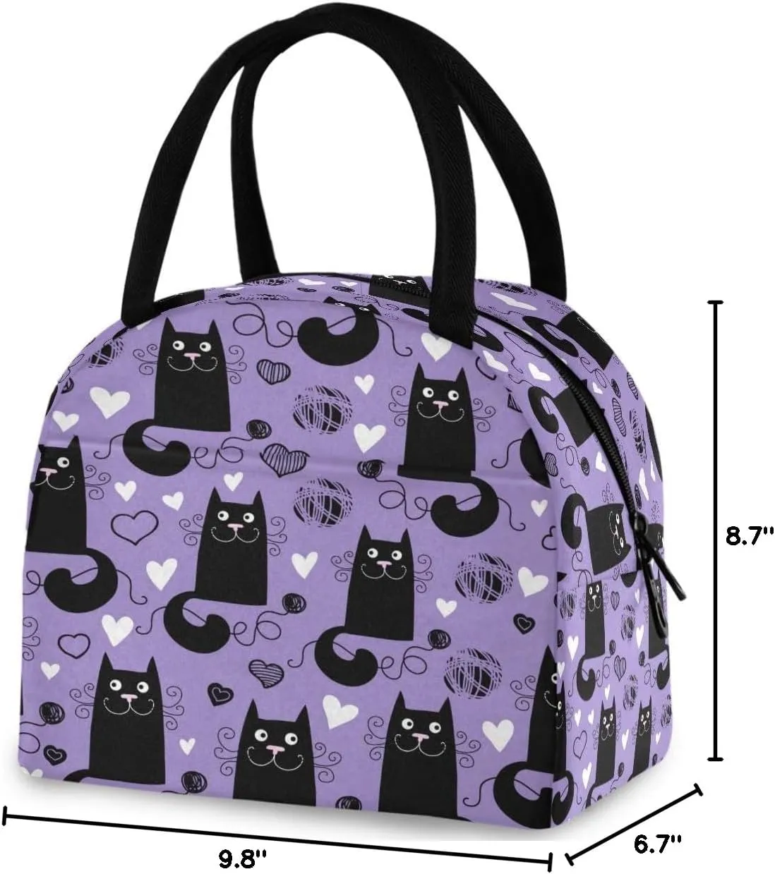 Funny Black Cats Hearts Reusable Lunch Tote Bag with Front Pocket Zipper Closure Insulated Thermal Cooler Container Bag for Man Women Work Picnic Travel Beach Fishing