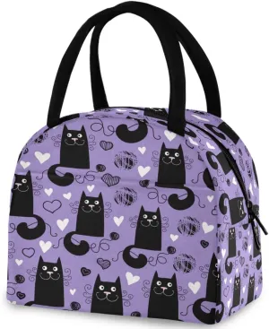 Funny Black Cats Hearts Reusable Lunch Tote Bag with Front Pocket Zipper Closure Insulated Thermal Cooler Container Bag for Man Women Work Picnic Travel Beach Fishing