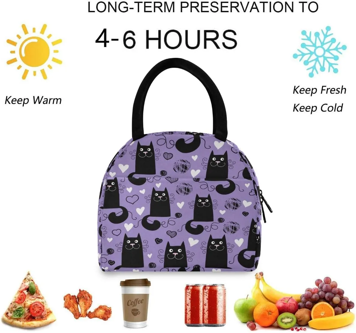 Funny Black Cats Hearts Reusable Lunch Tote Bag with Front Pocket Zipper Closure Insulated Thermal Cooler Container Bag for Man Women Work Picnic Travel Beach Fishing