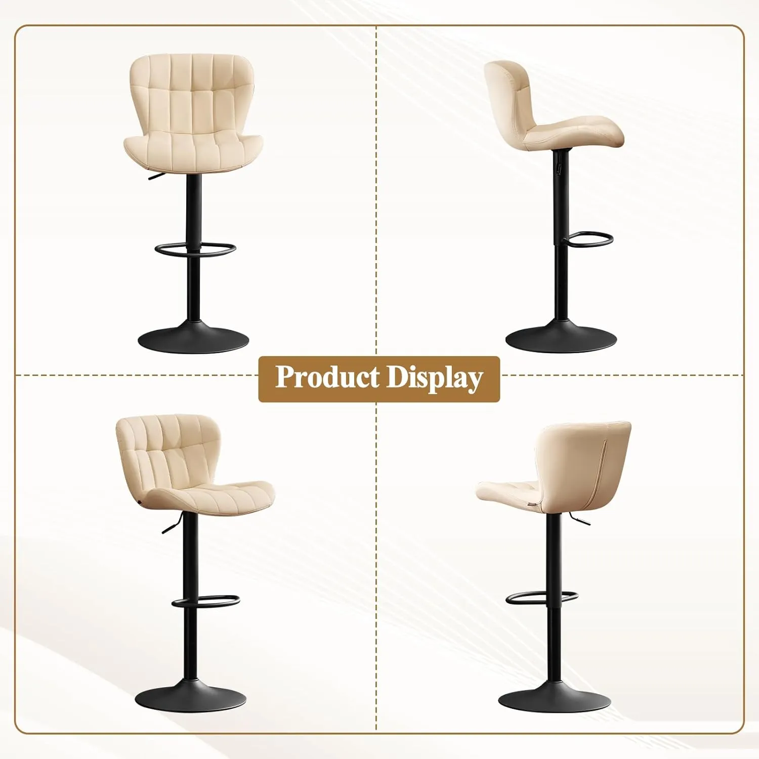 Furniliving Modern Barstools Set of 2, Faux Leather Bar Stools for Kitchen Island, Upholstered Swivel Bar Height Stools with Back, Beige