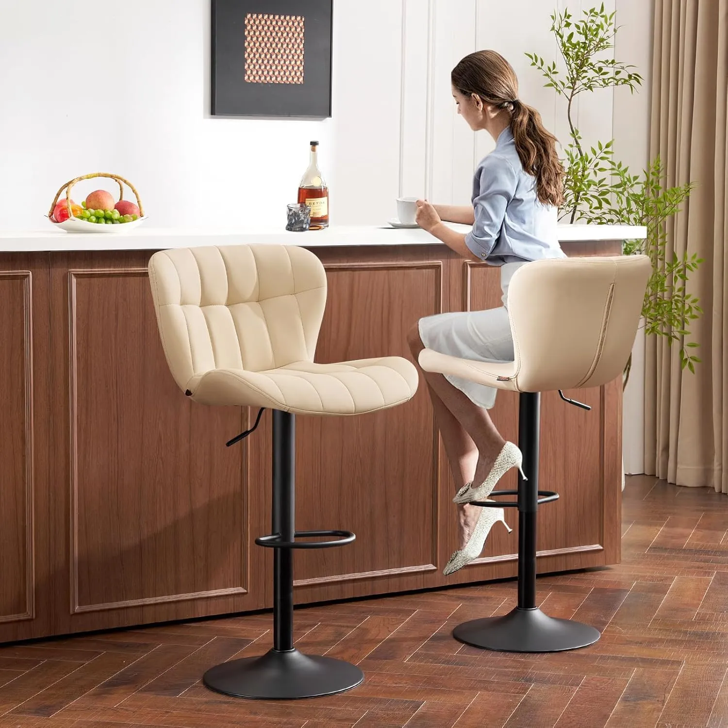Furniliving Modern Barstools Set of 2, Faux Leather Bar Stools for Kitchen Island, Upholstered Swivel Bar Height Stools with Back, Beige