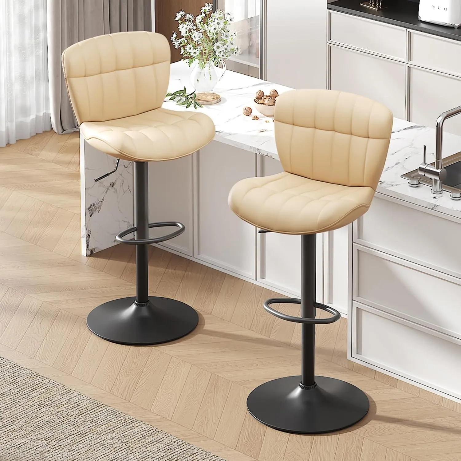 Furniliving Modern Barstools Set of 2, Faux Leather Bar Stools for Kitchen Island, Upholstered Swivel Bar Height Stools with Back, Beige