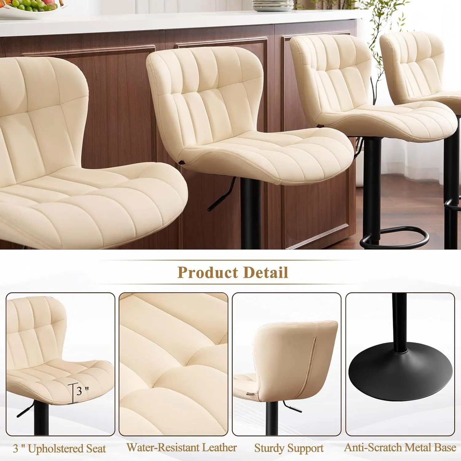 Furniliving Modern Barstools Set of 2, Faux Leather Bar Stools for Kitchen Island, Upholstered Swivel Bar Height Stools with Back, Beige