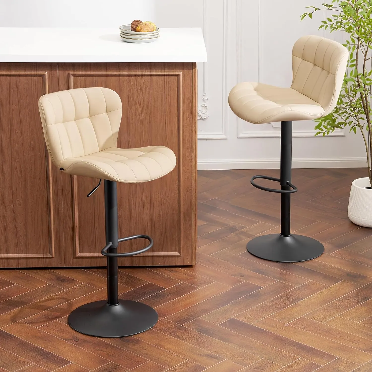 Furniliving Modern Barstools Set of 2, Faux Leather Bar Stools for Kitchen Island, Upholstered Swivel Bar Height Stools with Back, Beige