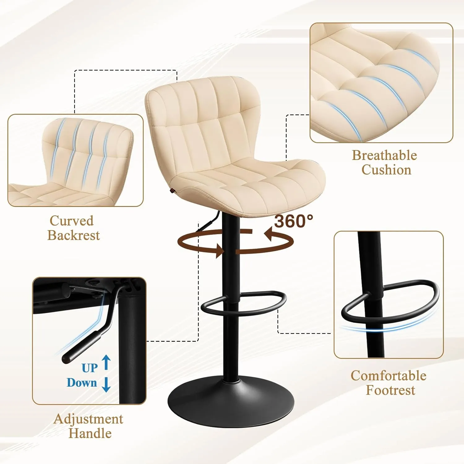 Furniliving Modern Barstools Set of 2, Faux Leather Bar Stools for Kitchen Island, Upholstered Swivel Bar Height Stools with Back, Beige
