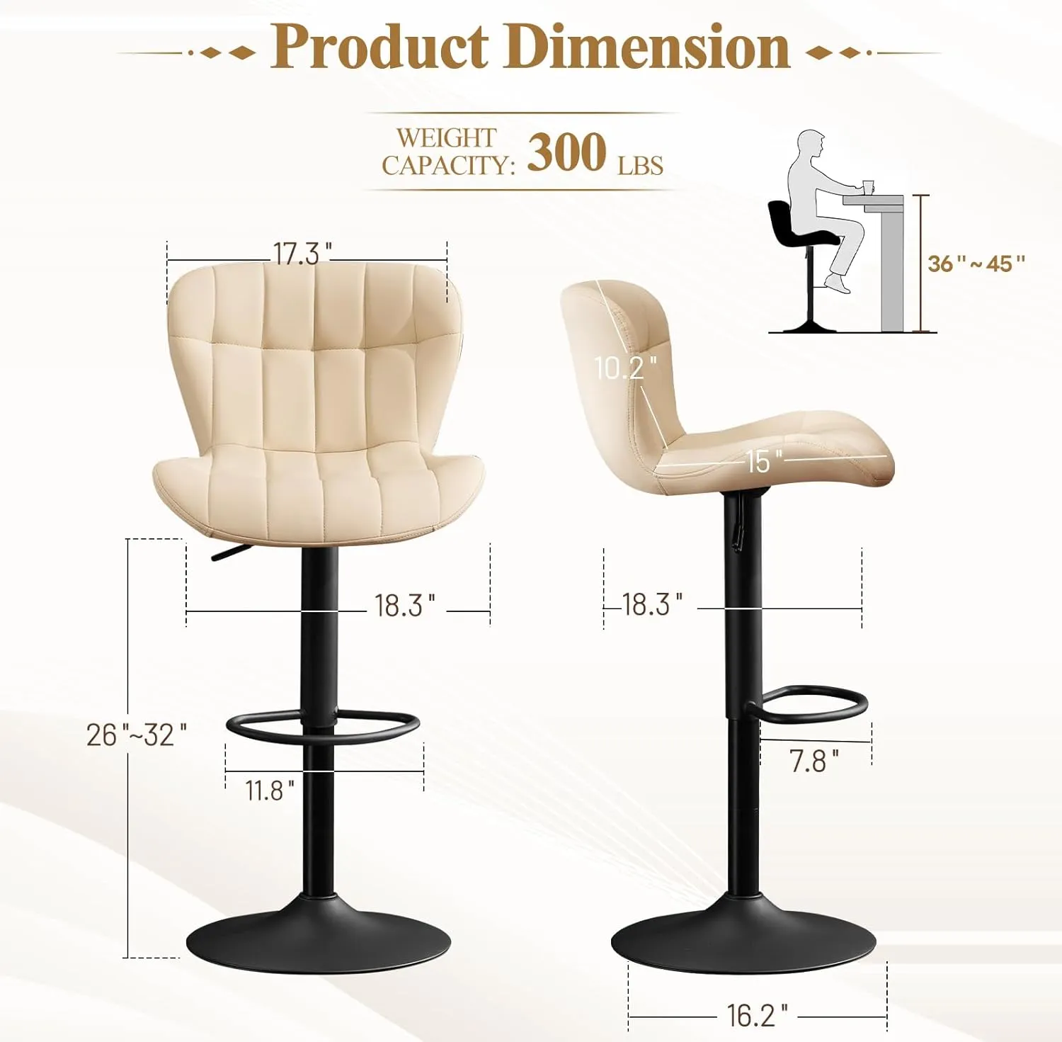 Furniliving Modern Barstools Set of 2, Faux Leather Bar Stools for Kitchen Island, Upholstered Swivel Bar Height Stools with Back, Beige