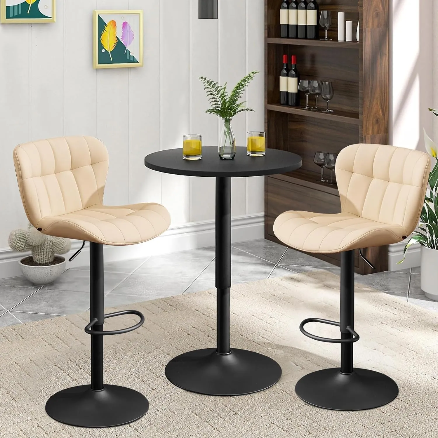 Furniliving Modern Barstools Set of 2, Faux Leather Bar Stools for Kitchen Island, Upholstered Swivel Bar Height Stools with Back, Beige