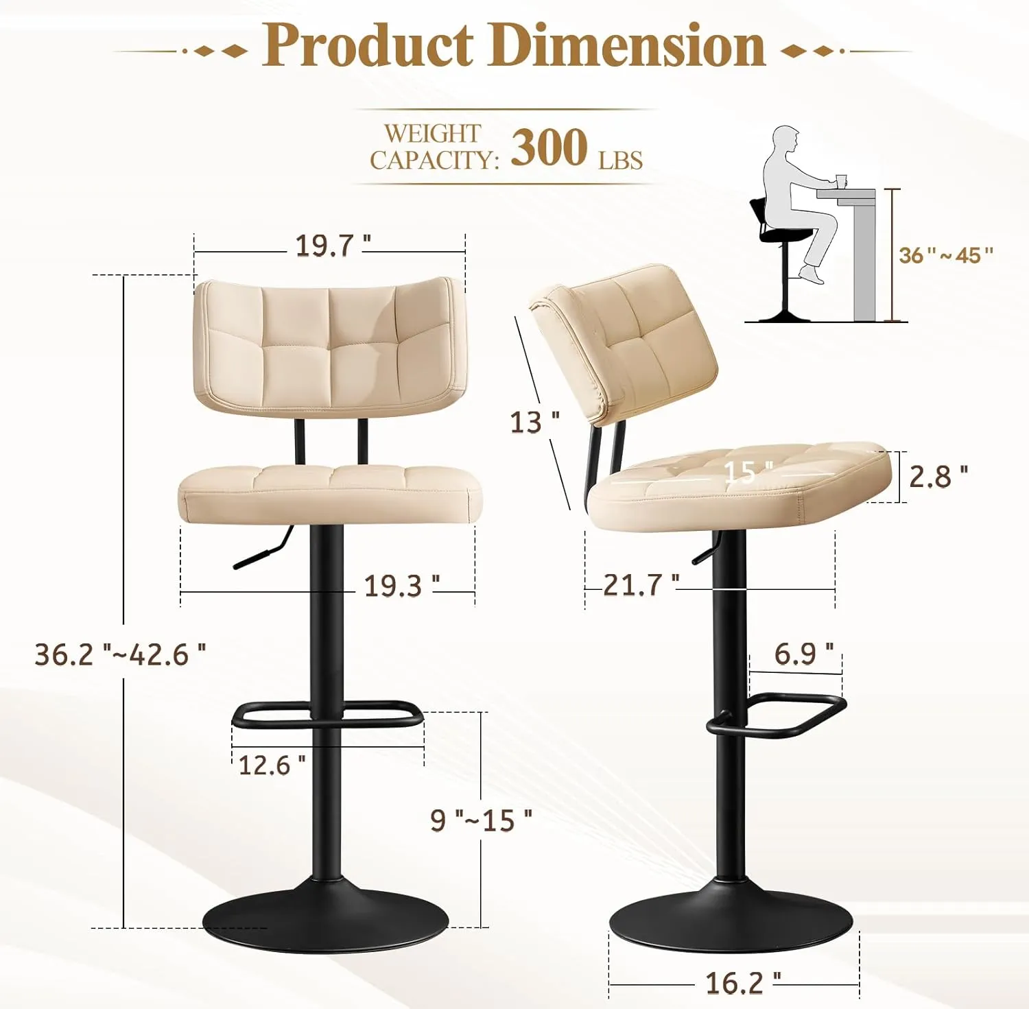 Furniliving Upholstered Bar Stools Set of 2, Faux Leather Swivel Bar Stools with Back, Adjustable Counter Height Barstools for Kitchen Island, Dining Space, Beige