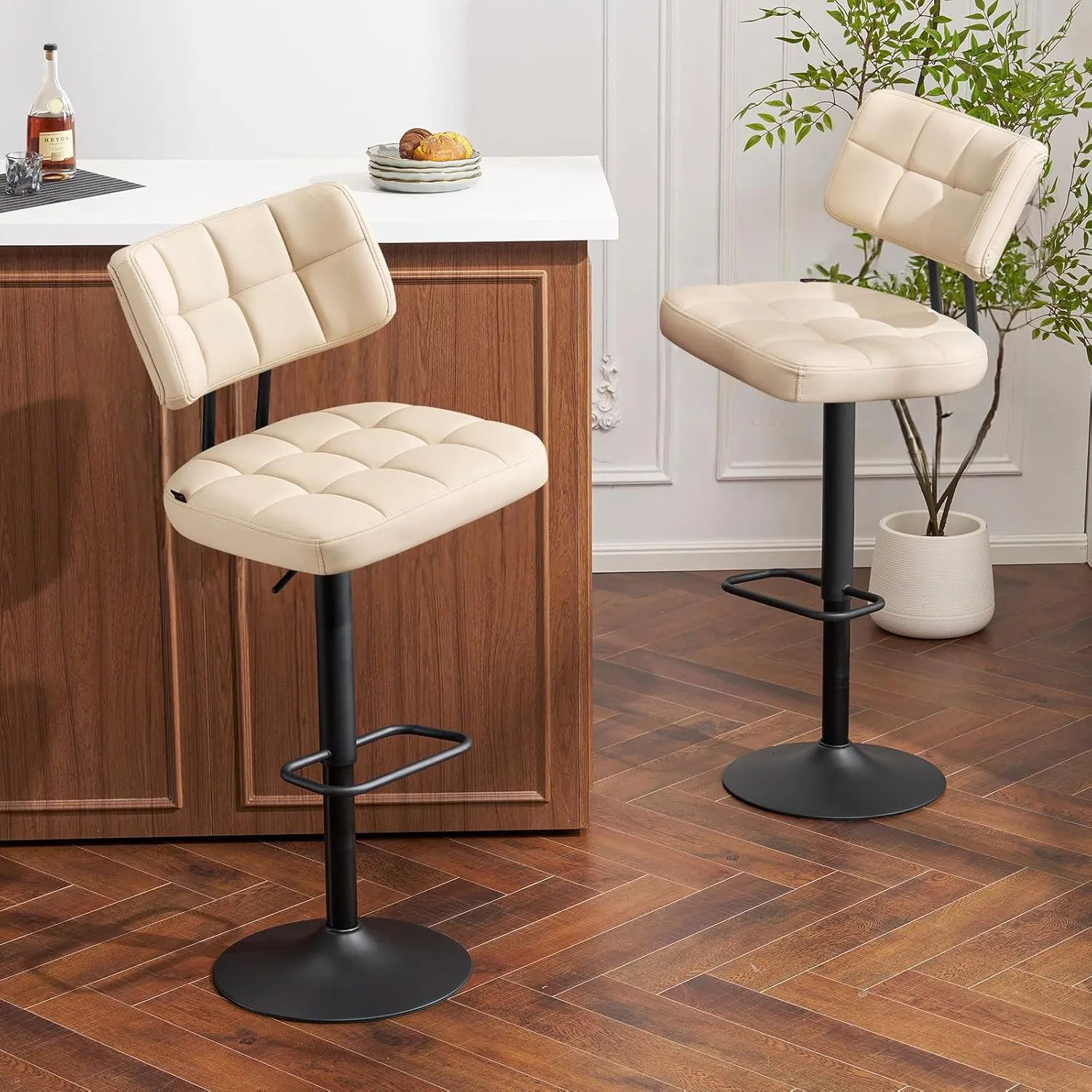Furniliving Upholstered Bar Stools Set of 2, Faux Leather Swivel Bar Stools with Back, Adjustable Counter Height Barstools for Kitchen Island, Dining Space, Beige