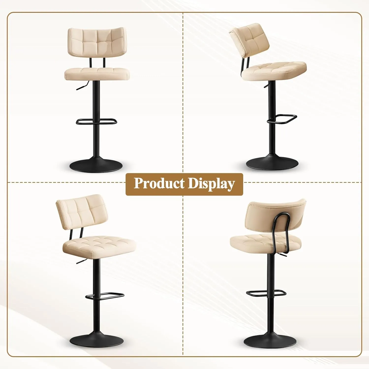 Furniliving Upholstered Bar Stools Set of 2, Faux Leather Swivel Bar Stools with Back, Adjustable Counter Height Barstools for Kitchen Island, Dining Space, Beige
