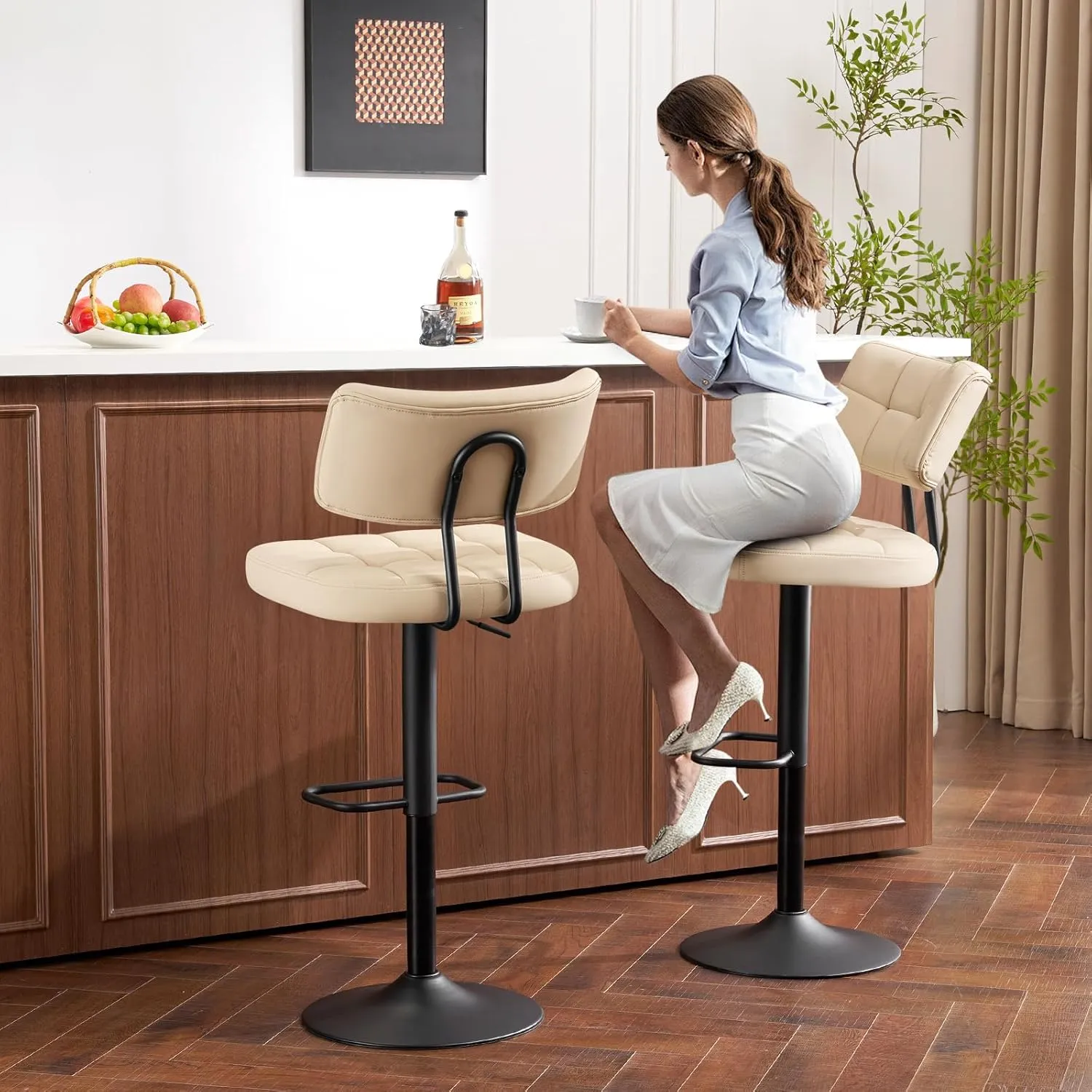 Furniliving Upholstered Bar Stools Set of 2, Faux Leather Swivel Bar Stools with Back, Adjustable Counter Height Barstools for Kitchen Island, Dining Space, Beige