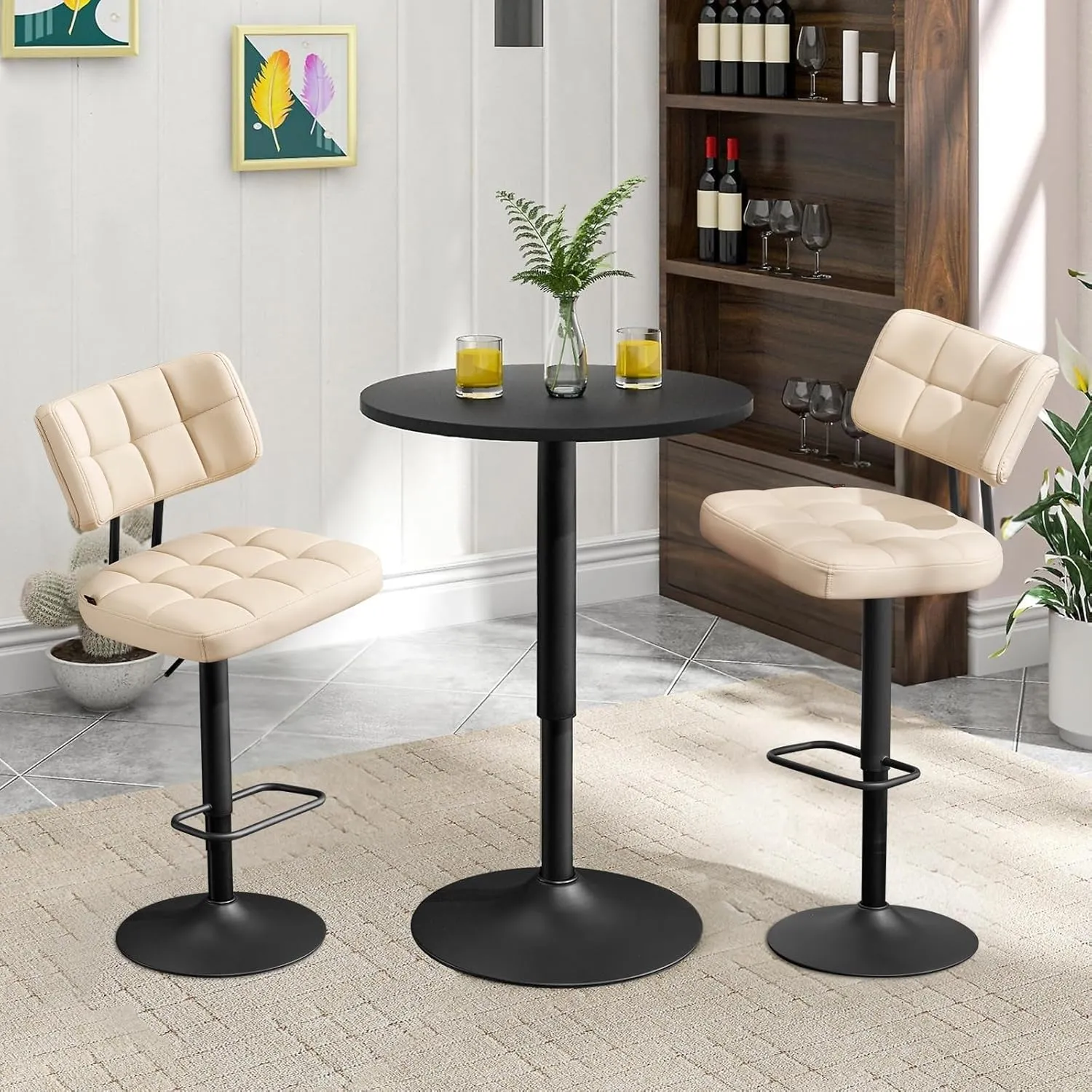 Furniliving Upholstered Bar Stools Set of 2, Faux Leather Swivel Bar Stools with Back, Adjustable Counter Height Barstools for Kitchen Island, Dining Space, Beige