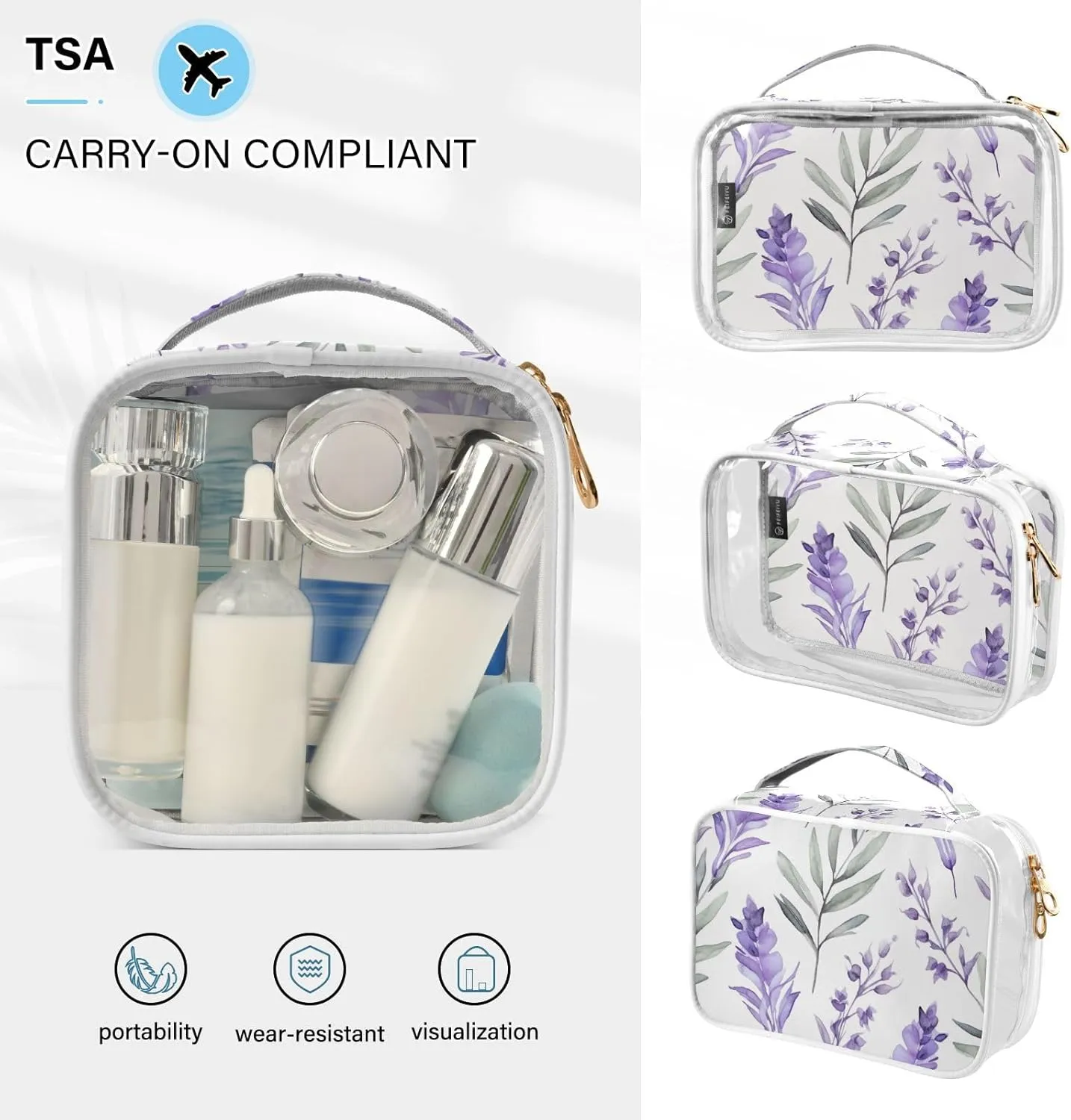 GAIGEO Lavender Leaf on White Liquids Travel Bag, Clear Vacation Bag, Men Toiletry Bag Clear, 2 Pack