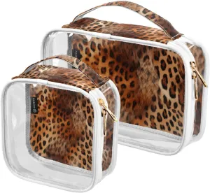 GAIGEO Reddish Brown Leopard Print Leather Clear Cosmetic Bag Set, Clear Storage Bags Toiletry, Toiletry Bags for Women, 2 Pack