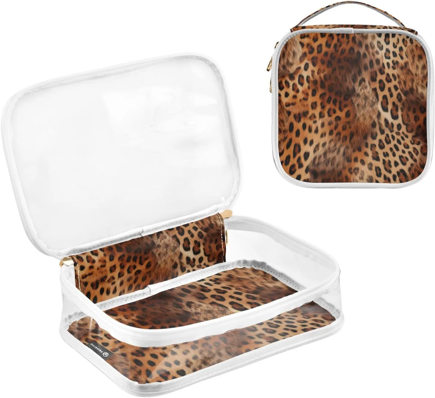 GAIGEO Reddish Brown Leopard Print Leather Clear Cosmetic Bag Set, Clear Storage Bags Toiletry, Toiletry Bags for Women, 2 Pack