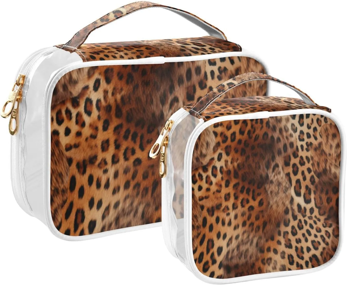 GAIGEO Reddish Brown Leopard Print Leather Clear Cosmetic Bag Set, Clear Storage Bags Toiletry, Toiletry Bags for Women, 2 Pack