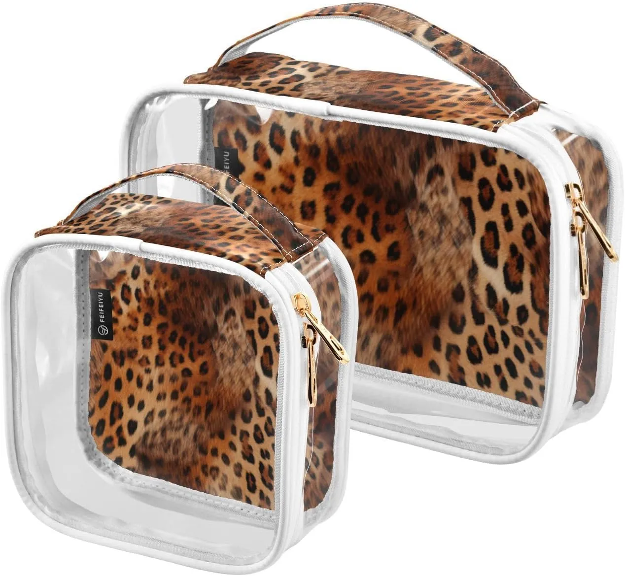 GAIGEO Reddish Brown Leopard Print Leather Clear Cosmetic Bag Set, Clear Storage Bags Toiletry, Toiletry Bags for Women, 2 Pack