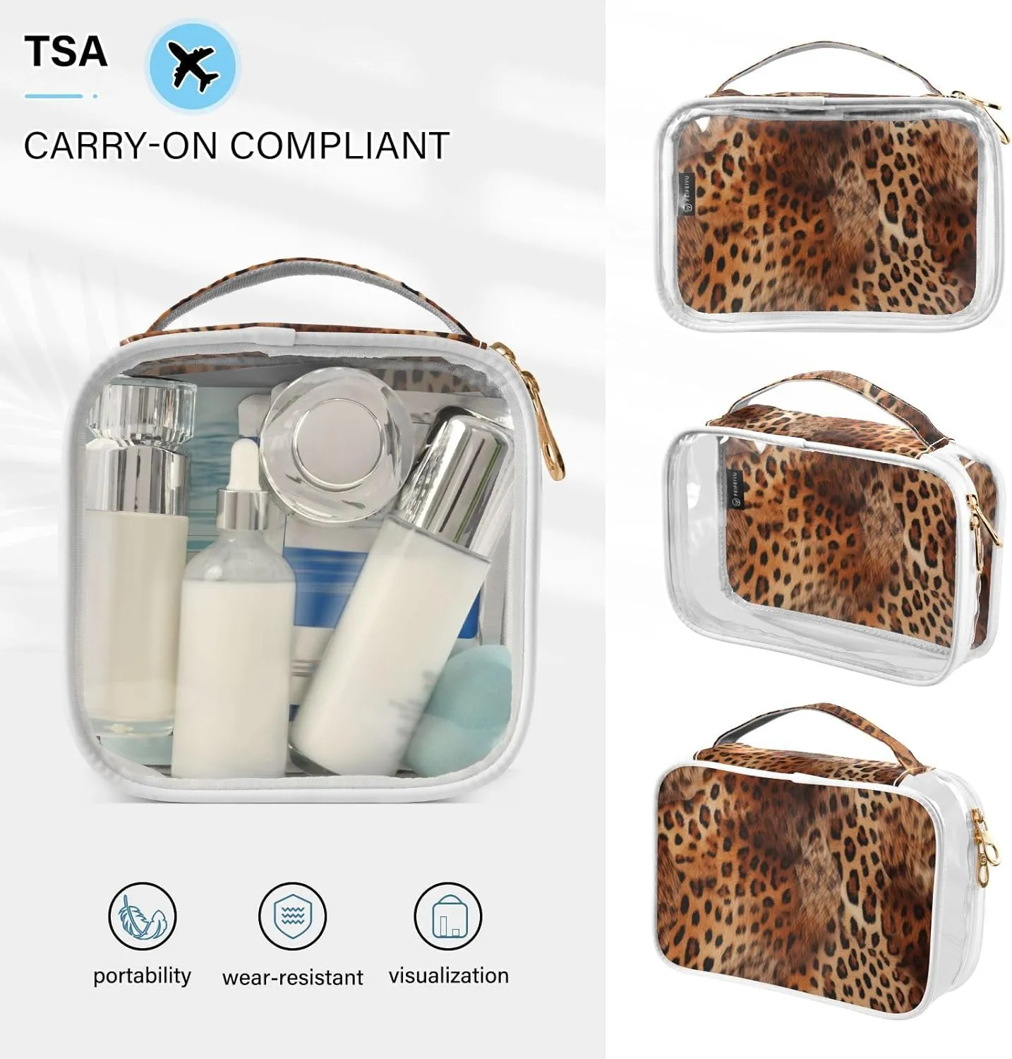 GAIGEO Reddish Brown Leopard Print Leather Clear Cosmetic Bag Set, Clear Storage Bags Toiletry, Toiletry Bags for Women, 2 Pack