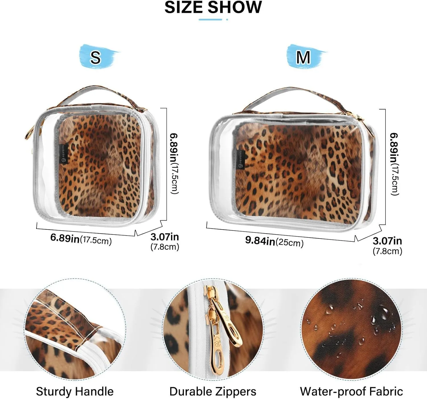 GAIGEO Reddish Brown Leopard Print Leather Clear Cosmetic Bag Set, Clear Storage Bags Toiletry, Toiletry Bags for Women, 2 Pack