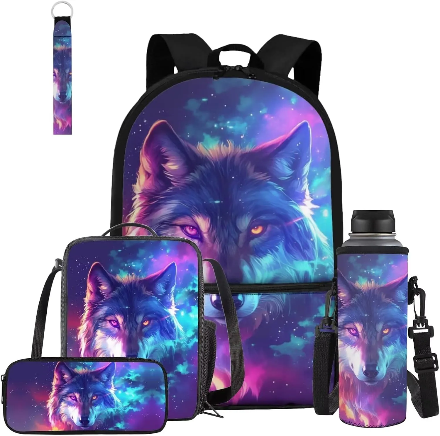 Galaxy Wolf Backpack for Kids 8-12 School Bookbag with Lunch Box Set of 5 Pcs Boys School Bag Lightweight Kids Backpack for Elementary Middle School Teens Book Bag Daypack