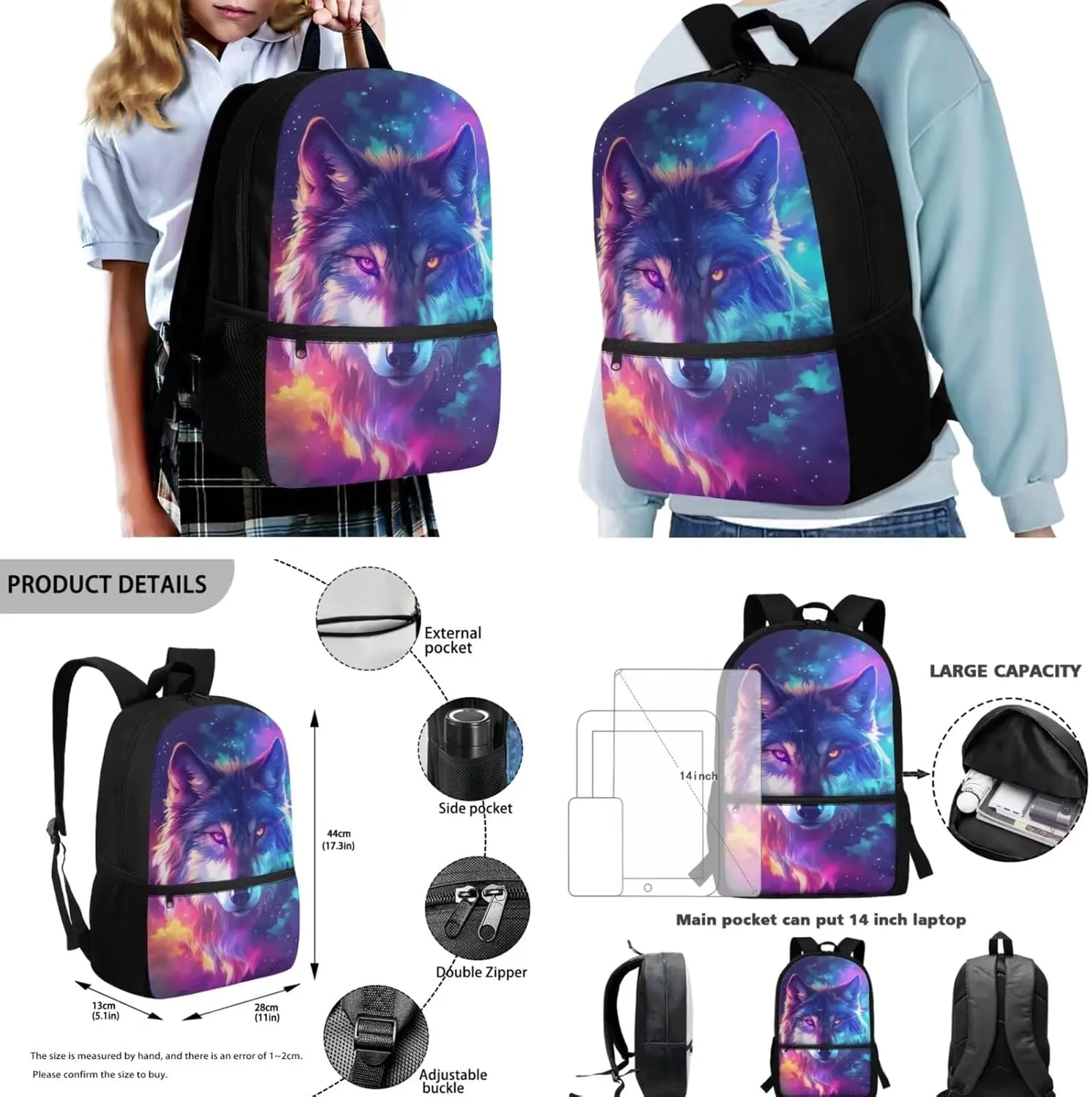 Galaxy Wolf Backpack for Kids 8-12 School Bookbag with Lunch Box Set of 5 Pcs Boys School Bag Lightweight Kids Backpack for Elementary Middle School Teens Book Bag Daypack