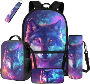 Galaxy Wolf Backpack for Kids 8-12 School Bookbag with Lunch Box Set of 5 Pcs Boys School Bag Lightweight Kids Backpack for Elementary Middle School Teens Book Bag Daypack