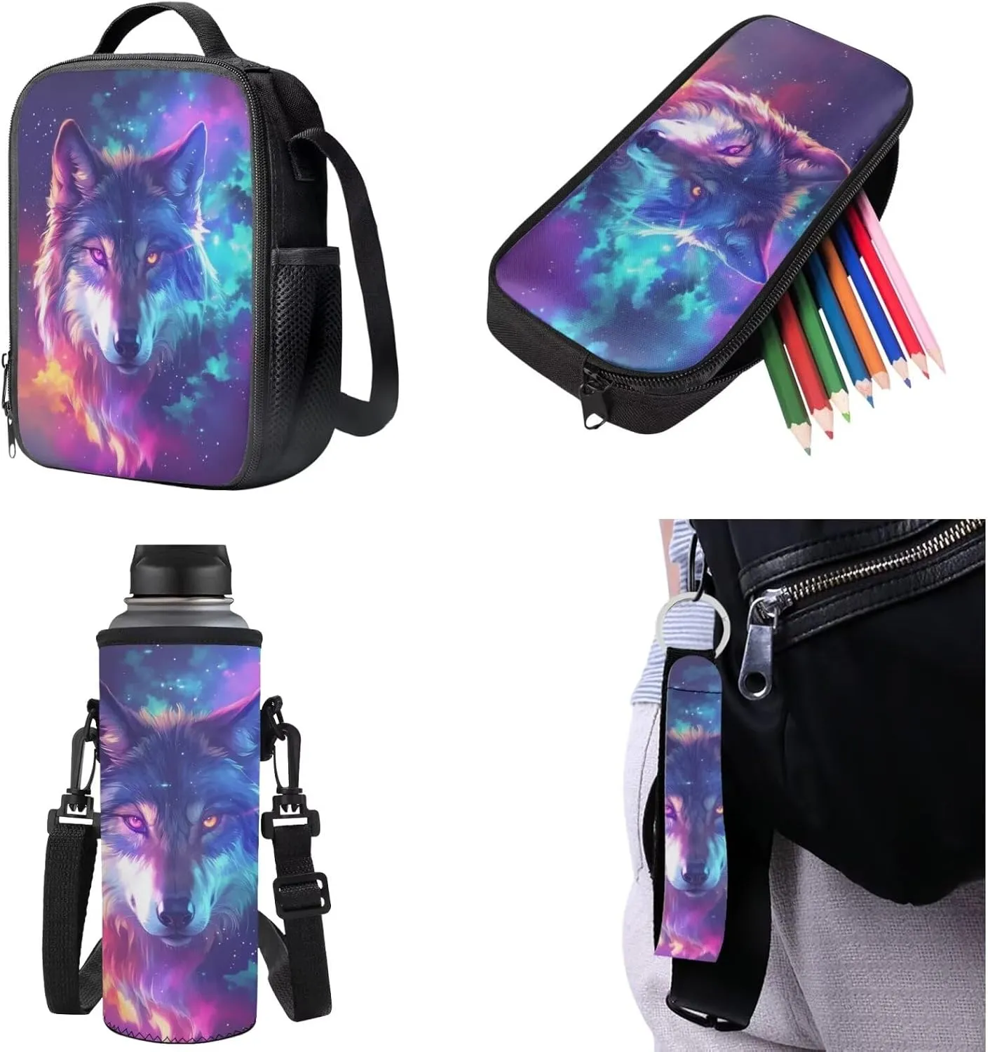 Galaxy Wolf Backpack for Kids 8-12 School Bookbag with Lunch Box Set of 5 Pcs Boys School Bag Lightweight Kids Backpack for Elementary Middle School Teens Book Bag Daypack