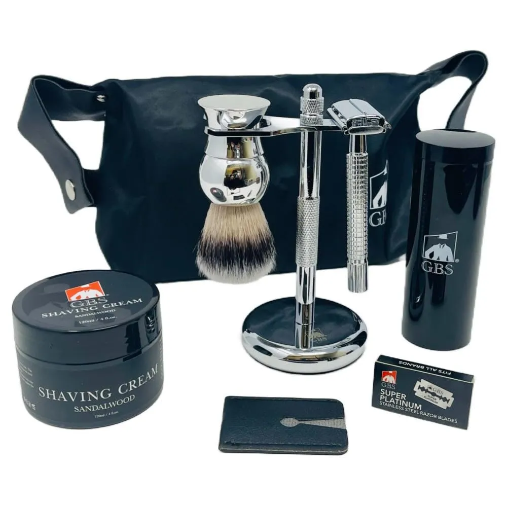 G.B.S Travel Shaving Kit- Steel Razor and Brush Stand, Chrome Double Edge Safety Razor   Leather Head Sleeve, Shave Brush   Travel Tube, Sandalwood Shaving Cream and Men's Toiletry Bag with Handles