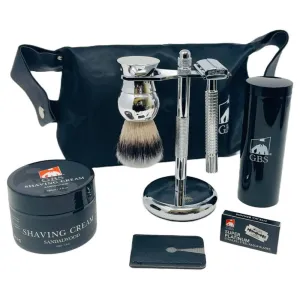G.B.S Travel Shaving Kit- Steel Razor and Brush Stand, Chrome Double Edge Safety Razor   Leather Head Sleeve, Shave Brush   Travel Tube, Sandalwood Shaving Cream and Men's Toiletry Bag with Handles