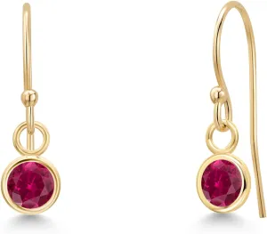 Gem Stone King 14K Yellow Gold Red Created Ruby Dangle Earrings for Women | 0.50 Cttw | Gemstone July Birthstone | Round 4MM