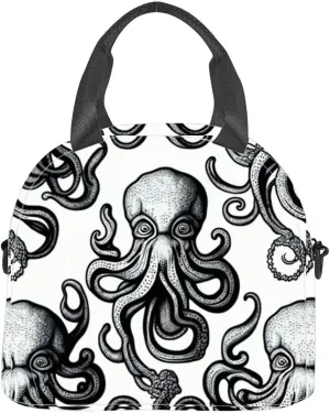 Generative Engraving retro vintage style octopus woodcut linocut Art Insulated Adult Lunch Bag with Shoulder Strap for Women Lightweight Reusable Portable Freezable Lunch Tote Bag for Work Picnic