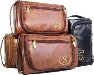 Generic Personalized Toiletry Bag for Men Engraved Name Initials Toiletry Bag Customized Monogram Travel Shaving Dopp Kit for Groomsmen Gift for Christmas Birthday Dad Husband Grandpa Lover Brown