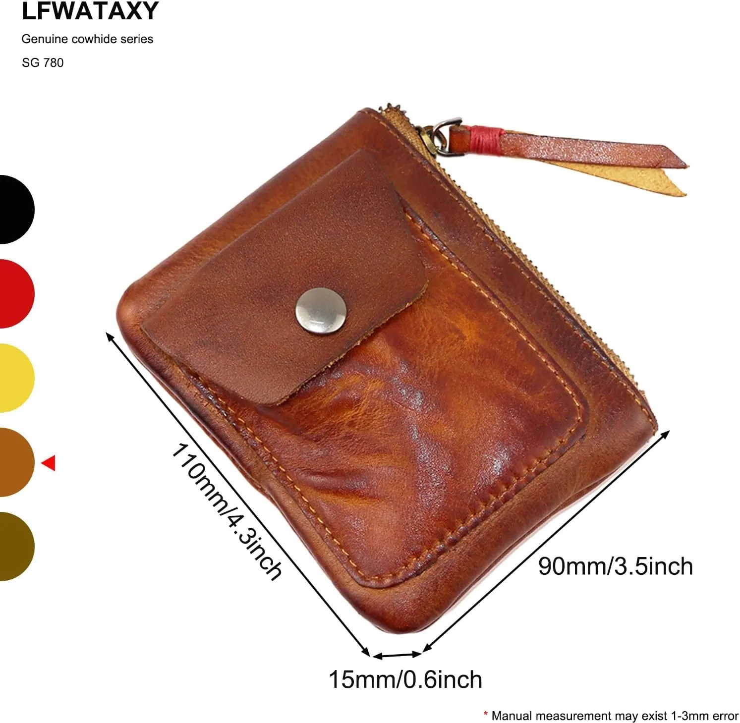 Genuine cowhide - Coin Purse for Men & Women - Leather Coin Pouch - Zipper Coin Purse Wallet - Leather Zipper Storage Bag - Coin Organizer (Brown)
