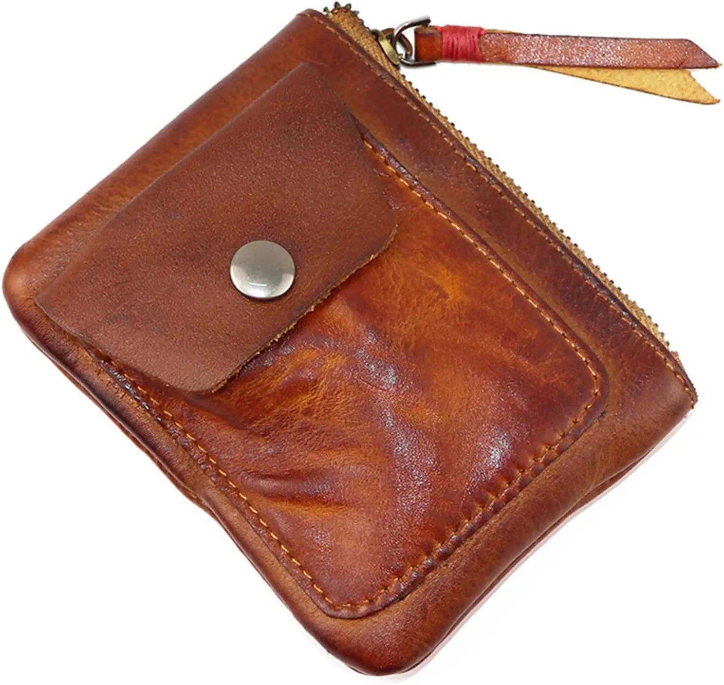 Genuine cowhide - Coin Purse for Men & Women - Leather Coin Pouch - Zipper Coin Purse Wallet - Leather Zipper Storage Bag - Coin Organizer (Brown)