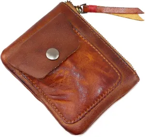 Genuine cowhide - Coin Purse for Men & Women - Leather Coin Pouch - Zipper Coin Purse Wallet - Leather Zipper Storage Bag - Coin Organizer (Brown)