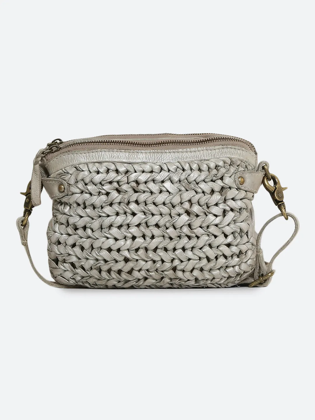 Genuine Grey Leather Sling Bag With Weaving
