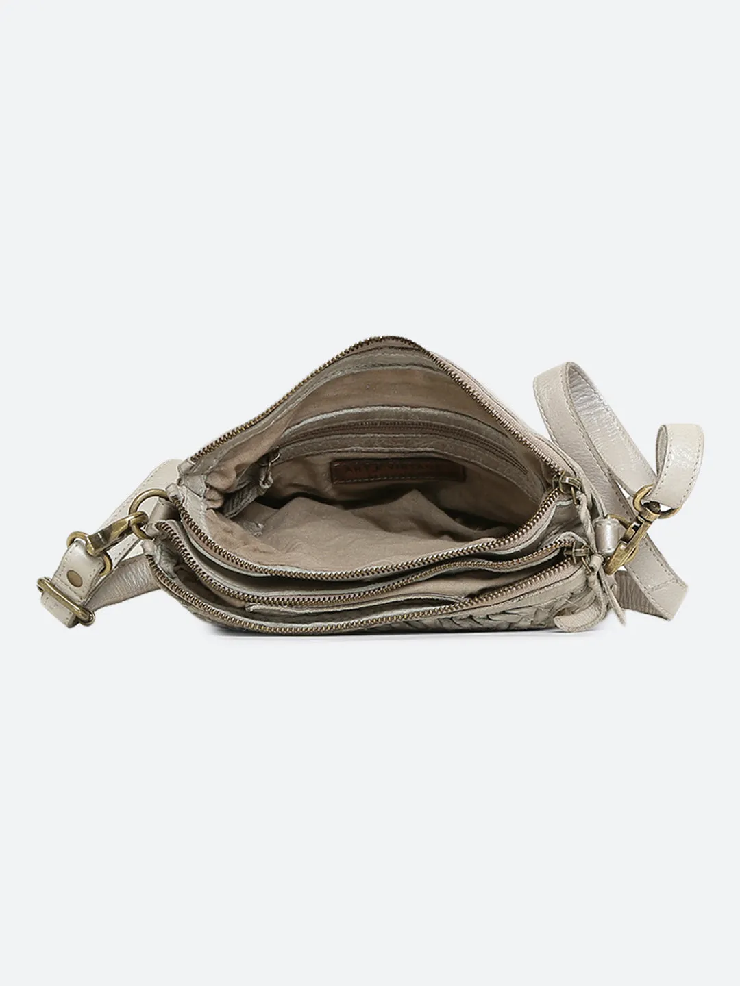 Genuine Grey Leather Sling Bag With Weaving