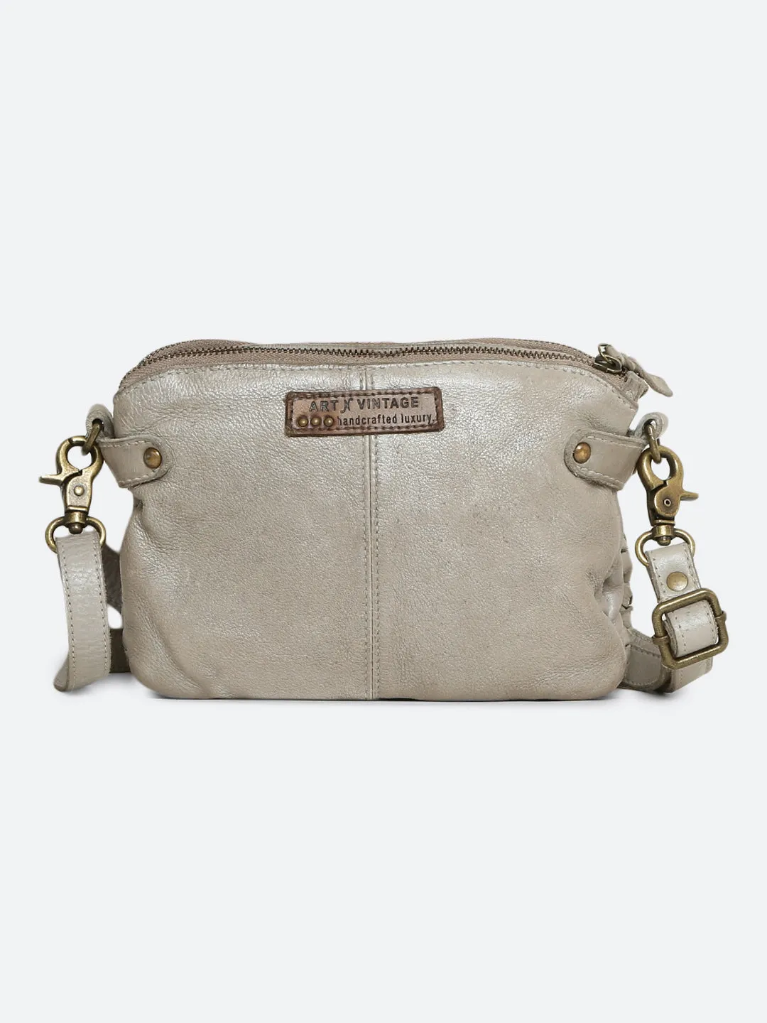 Genuine Grey Leather Sling Bag With Weaving